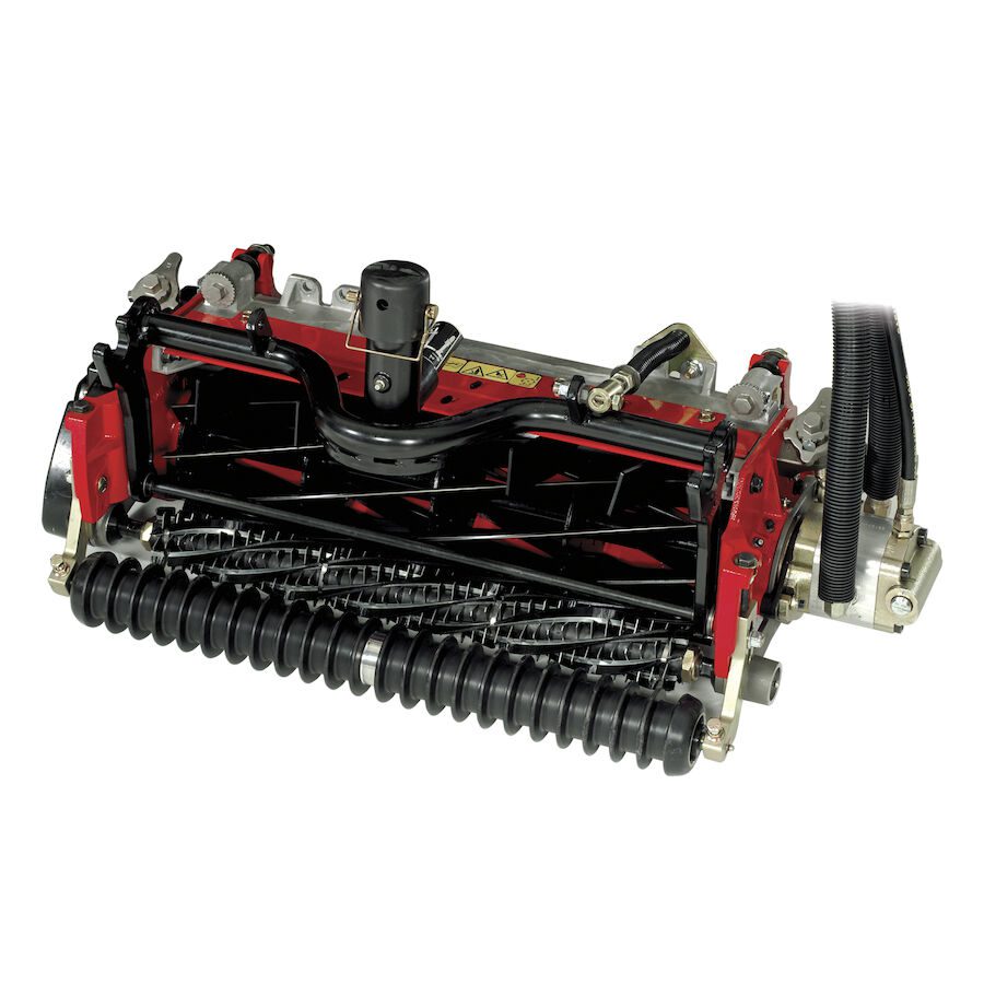 623_5bbf37ae-d30b-4602-b684-8596ffe17bb0 Close-up of a Toro cutting unit with 11 blades, showcasing its red and black design for precise mowing