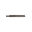 Metal slicing tine with a pointed tip, showing wear, viewed from above