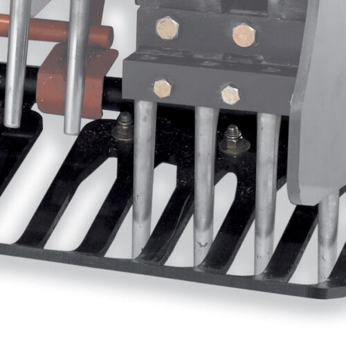 Close-up of a left-hand turf guard with four metal tines and a sturdy black base