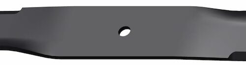 Black standard mower blade with a straight cutting edge and central mounting hole