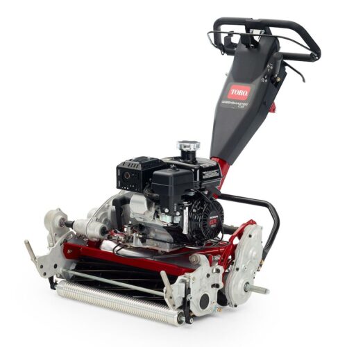 A red and black walk-behind mower with a telescoping handle and engine, designed for precision cutting