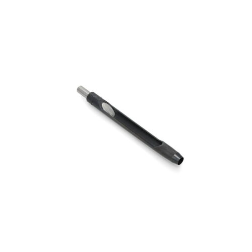 A black hollow tine assembly with a metal tip, designed for lawn care equipment