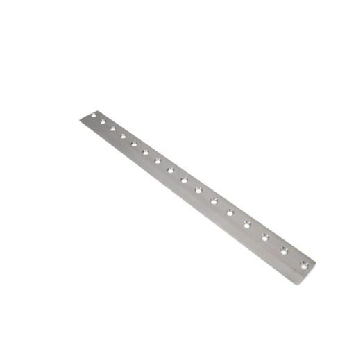 A long, silver bedknife with multiple mounting holes, designed for precision cutting in lawn equipment