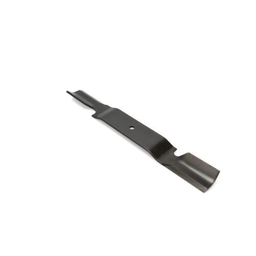 Black high sail lawn mower blade with a central hole and distinct cutting edges