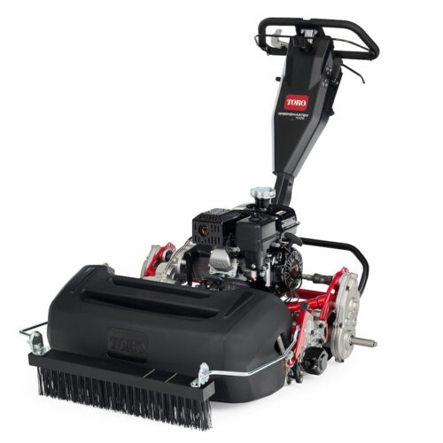 A walk-behind mower with a black body, red accents, and a Honda engine, designed for efficient turf maintenance
