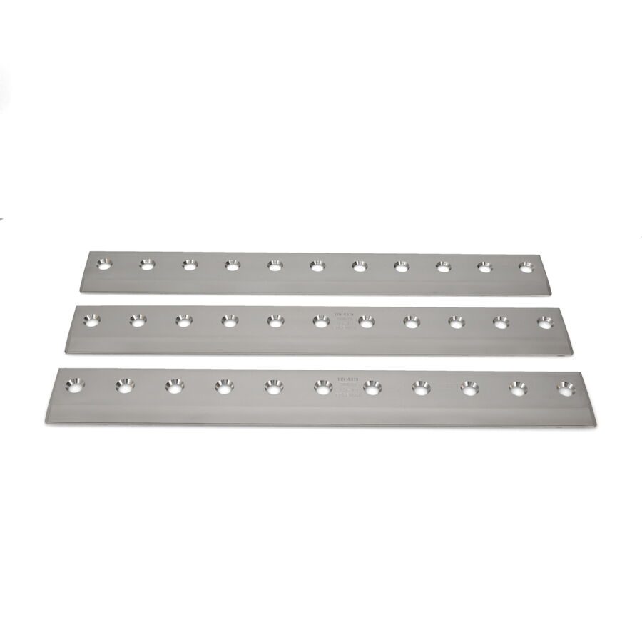 623_92c341cb-6a52-4142-9455-920f6210278e Three metal bedknives with multiple holes, showcasing a sleek, polished finish for precision cutting