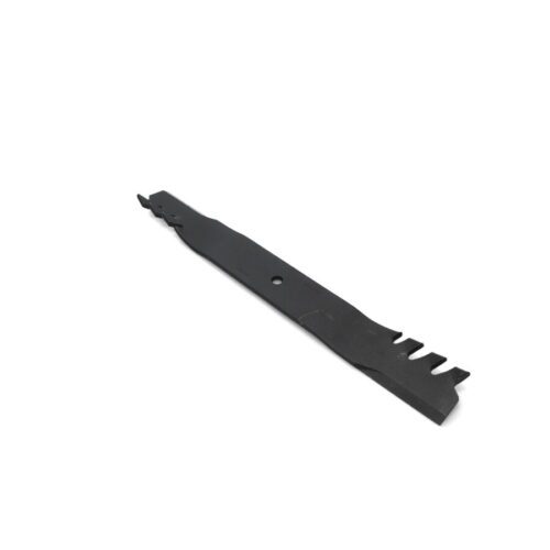 Black mulching blade with a toothed profile, designed for finer grass clippings and turf use
