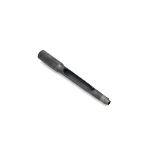 A black carbide tine with a hollow center, angled for side eject functionality, shown from the side
