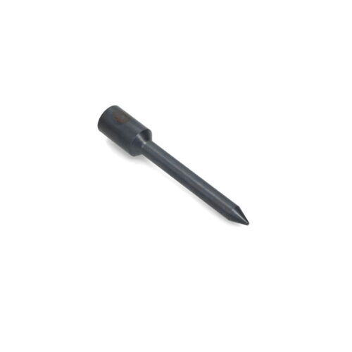 Solid round tine with a pointed end, black metal, shown from a side angle