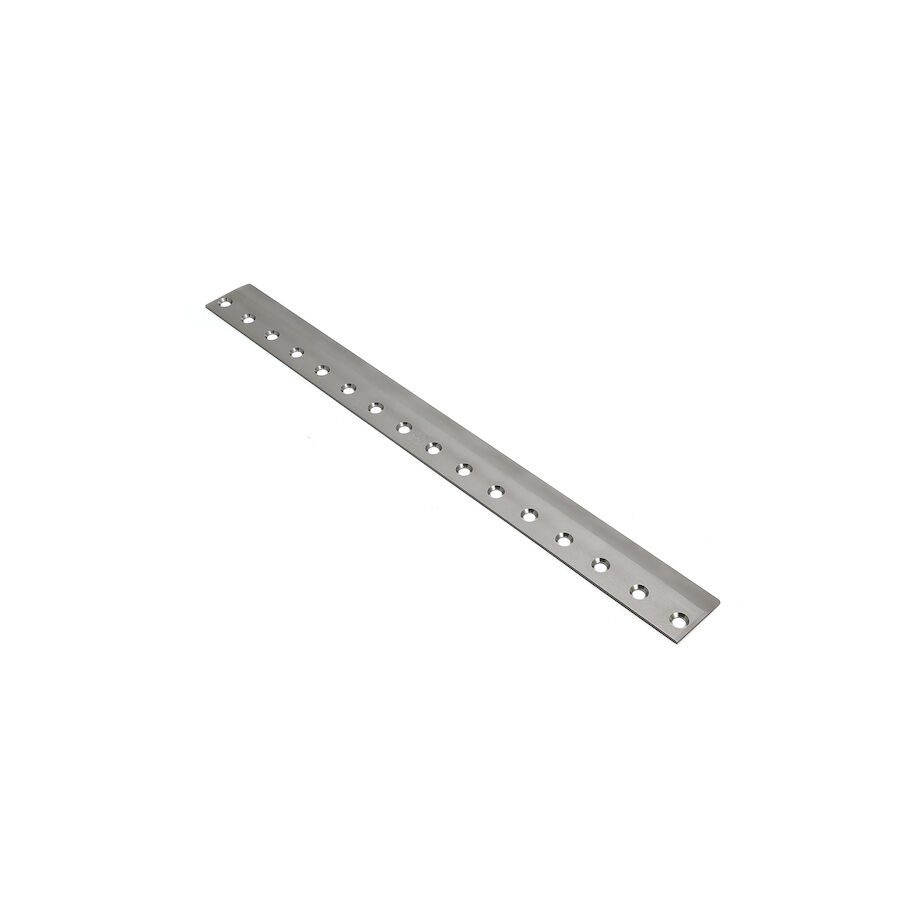 623_9567ba39-863b-4f9b-a74e-2c433477e974 A long, silver bedknife with multiple holes, designed for precision cutting in lawn equipment