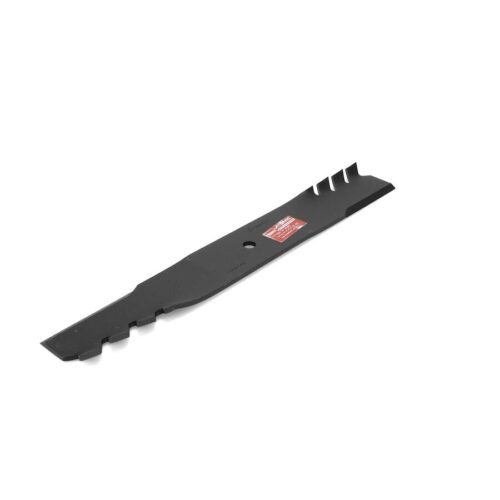 Black mulching blade with a toothed profile, designed for fine grass clipping