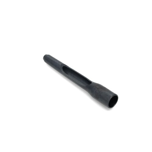 Black side eject tine with a cylindrical shape and a side slot, designed for tilling