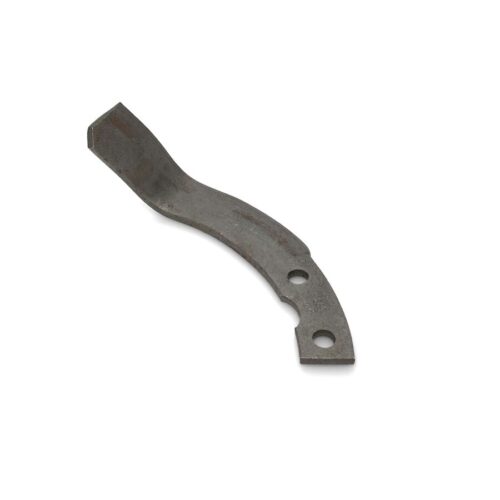 Metal lawn tine with a curved shape and two holes for attachment, shown from a side angle