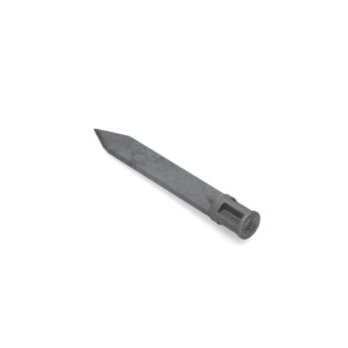 A solid slicing tine with a pointed tip, gray metal, and a cylindrical base for attachment