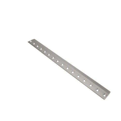 A long, silver bedknife with multiple mounting holes, designed for precision cutting in lawn care equipment