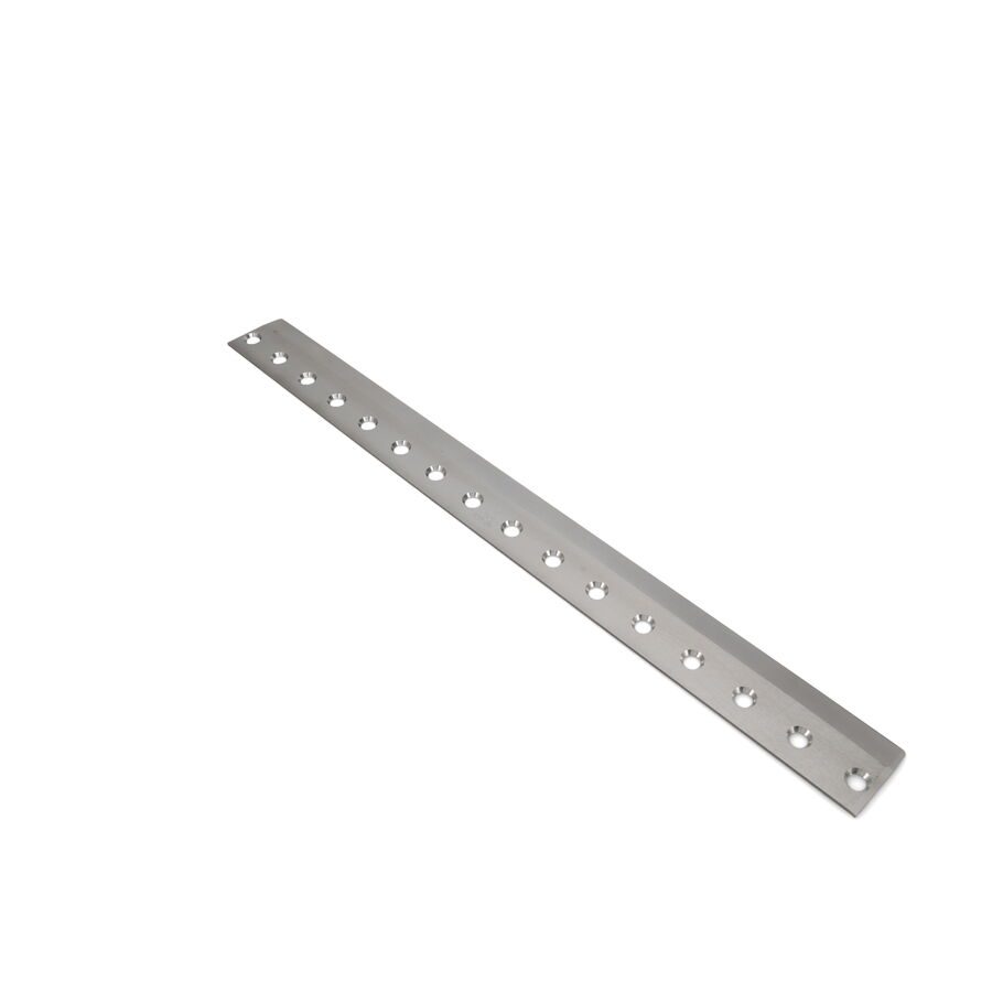 623_9ff1dff2-287c-4a8f-a744-ca6b0338cf95 A long, silver bedknife with multiple mounting holes, designed for precision cutting in lawn care equipment