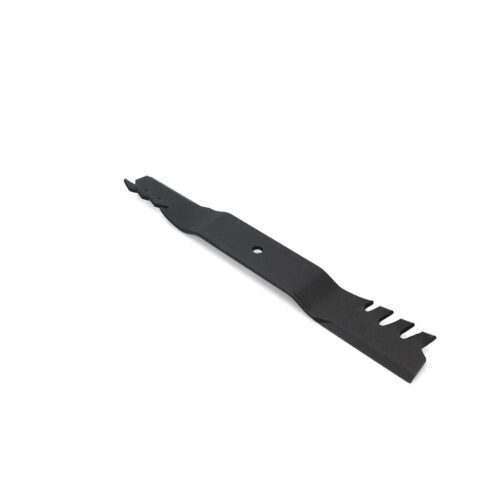 Black mulching blade with a toothed profile, designed for fine grass clipping and turf use