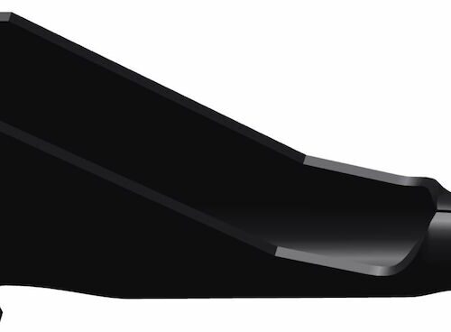 Black closed spoon tine with a tapered design, showing side profile and mounting hole
