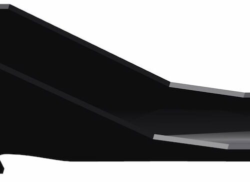 Black open spoon tine with a tapered design, featuring mounting holes for attachment