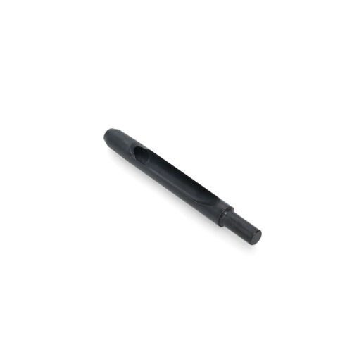 Black quad tine with a cylindrical shape and a central hole, designed for garden equipment