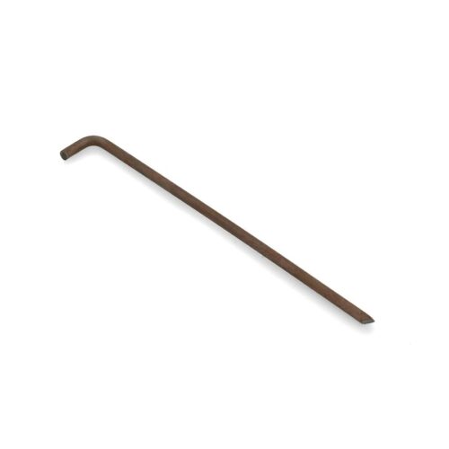 A long, solid needle tine with a pointed end and a slight bend, designed for turf aeration