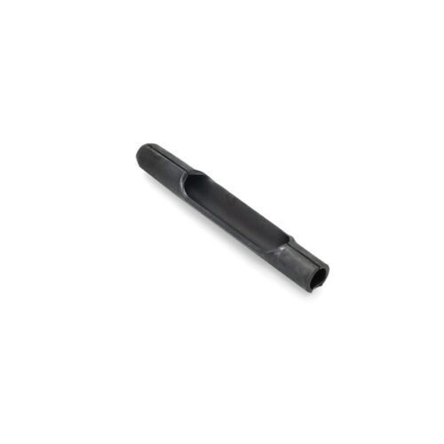 A black metal tine with a hollow center, designed for fairway equipment, shown from a side angle