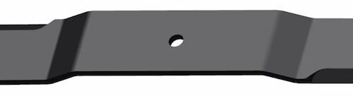 Black metal lawn mower blade with a straight cutting edge and a central mounting hole