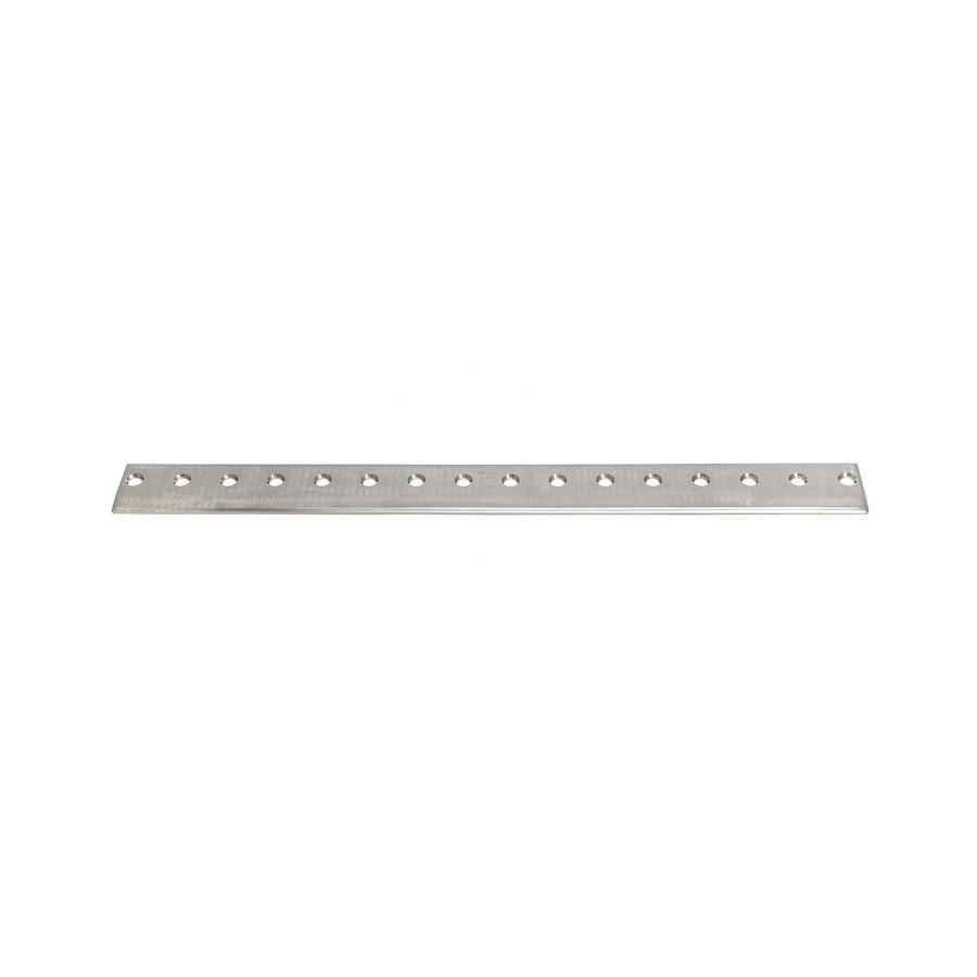623_ae65df5c-8b8a-420a-a161-4da098af88f4 A long, silver metal bedknife with multiple holes, designed for precise cutting in lawn equipment