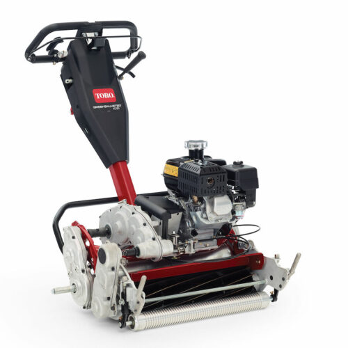 A red and black walk-behind mower with a fixed head and engine, designed for maintaining golf greens