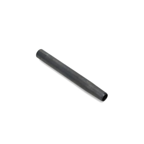 A hollow tine in black, cylindrical shape, showing one open end and a smooth surface