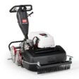 Electric walk-behind mower with a black and white design, showcasing its fixed head and control handle