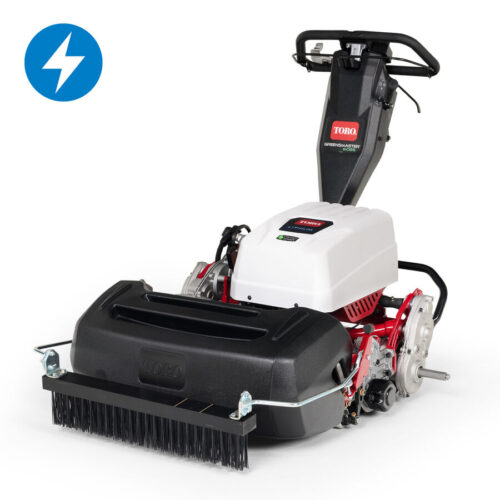 Electric walk-behind mower with a fixed head, featuring a lithium-ion battery and a sleek design
