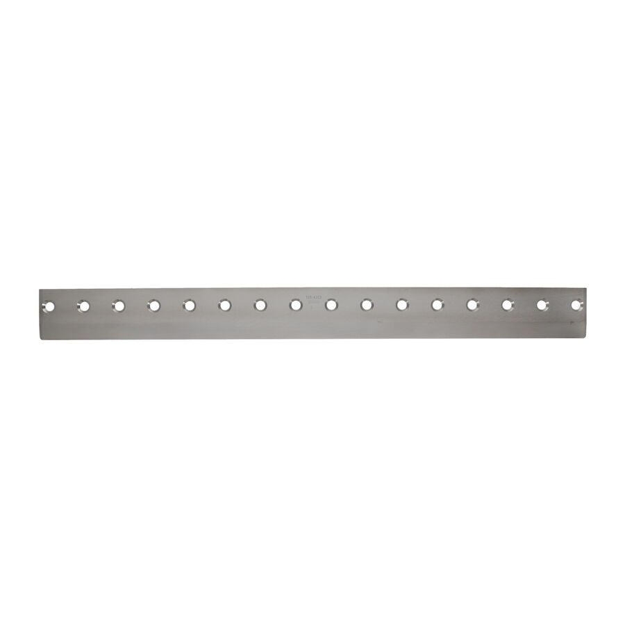 623_be94f4a8-d0a4-4086-8708-b13e55a05ad2 A long, silver bedknife with multiple mounting holes, designed for precision cutting in lawn equipment