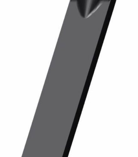 Black slicing tine with a pointed tip and a mounting hole, angled for visibility