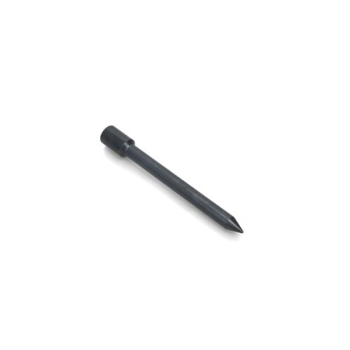 Solid round tine with a pointed end, black metal, shown from a side angle