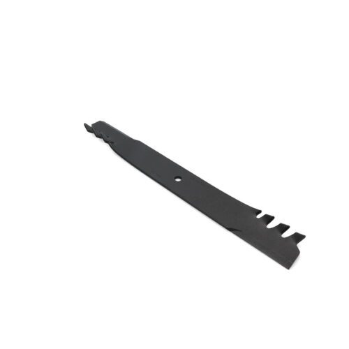 Black mulching blade with a toothed profile, designed for finer grass clippings and turf use