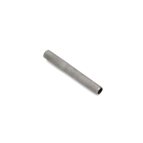 A hollow metal tine, cylindrical and gray, shown from a side angle on a white background