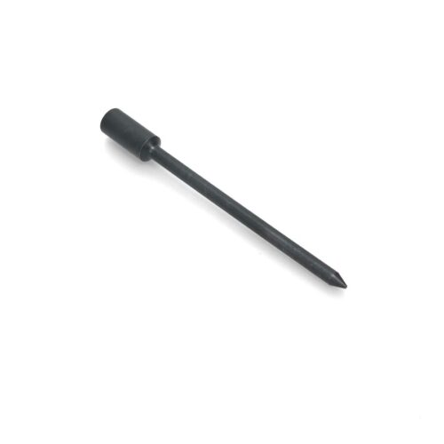 Solid round tine with a pointed end, black metal, designed for gardening or landscaping tools