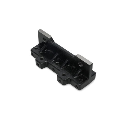 Black metal tine holder with multiple slots and holes for attachment, viewed from the side