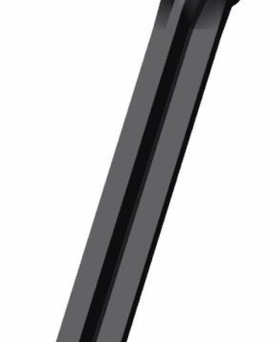 A black cross tine tool, 6.50 inches long, with a tapered end and smooth surface