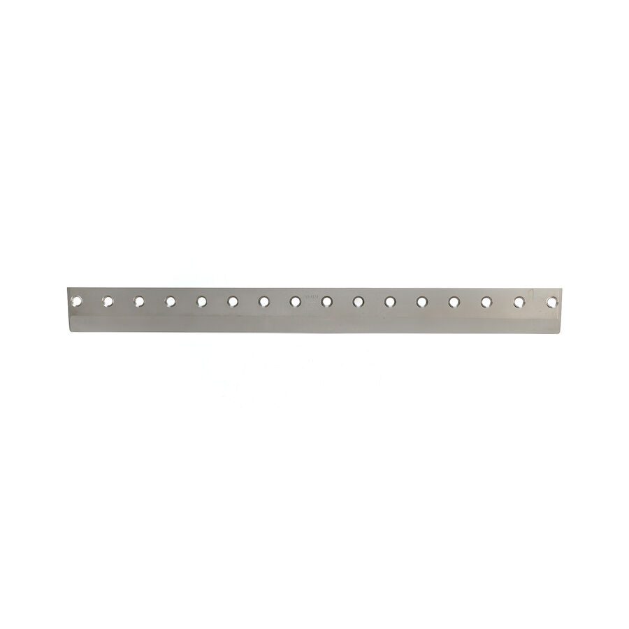 623_de85c2e8-93c8-4342-a128-bd5968d0ea9e A long, silver bedknife with multiple holes, designed for precision cutting in lawn equipment
