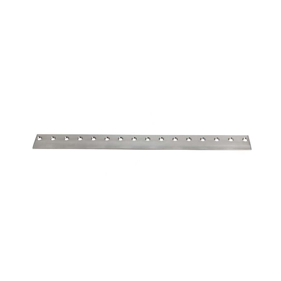 623_e0d80f33-c317-44f8-a02f-dad74f8d5dd6 A long, shiny metal bedknife with multiple mounting holes, designed for precision cutting