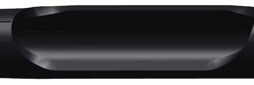 Black heavy-duty side eject tine with a cylindrical shape and tapered ends, designed for turf maintenance