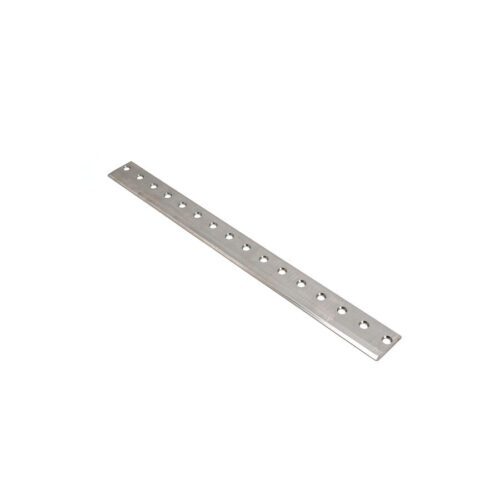 A metallic bedknife with multiple holes, designed for precise cutting in lawn equipment