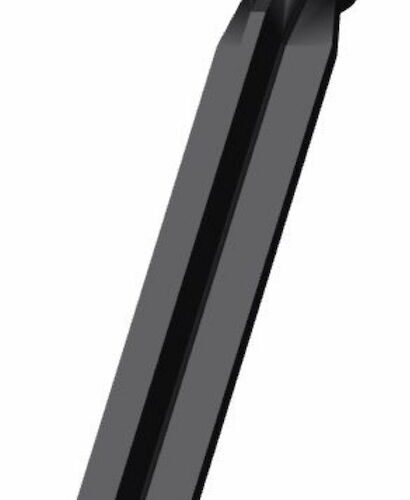 Black cross tine attachment with a tapered end, designed for Toro equipment, shown from the side