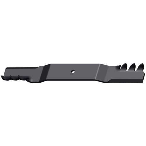 Black mulching blade with toothed profile, designed for finer grass clippings and turf health
