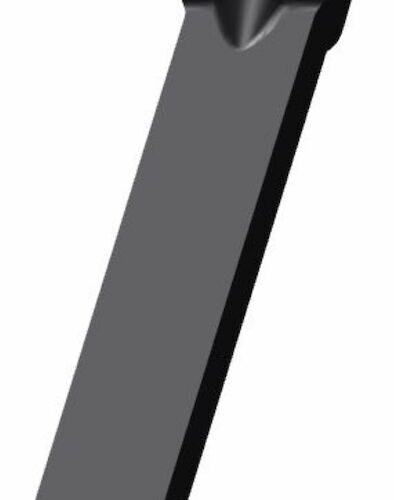 Black slicing tine with a pointed tip, angled for efficient cutting, shown from the side
