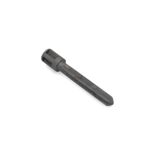 A dark metal tine with a pointed end, designed for garden tilling and aeration