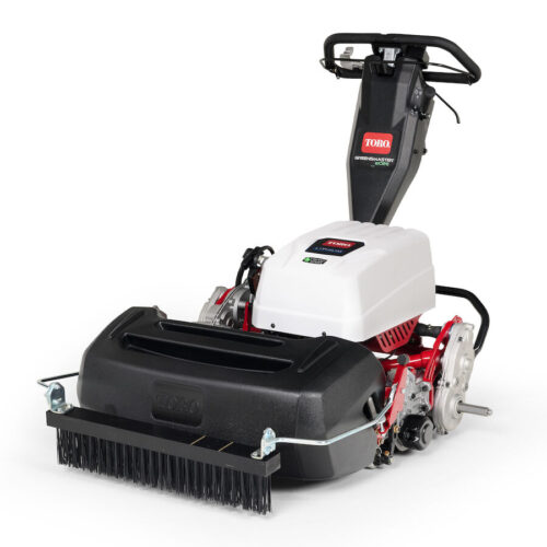 Electric walk-behind mower with a fixed head, featuring a black and red design, and a brush attachment
