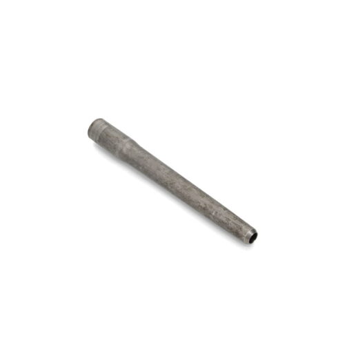 A metallic hollow tine with a cylindrical shape, showing wear and a slightly tarnished finish